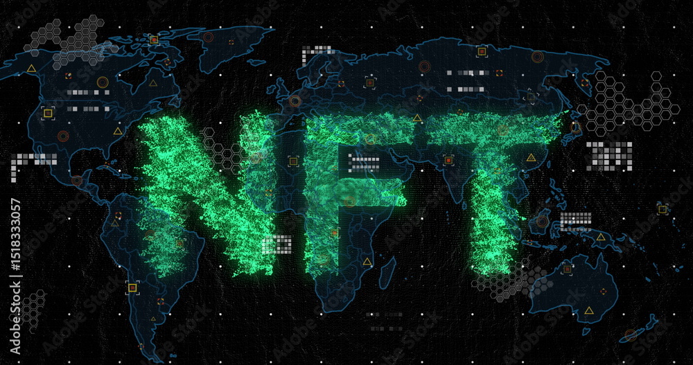 Poster image of nft text over world map on black background