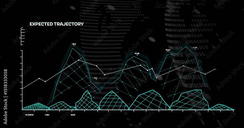 Poster image of graphs, data and globe on black background