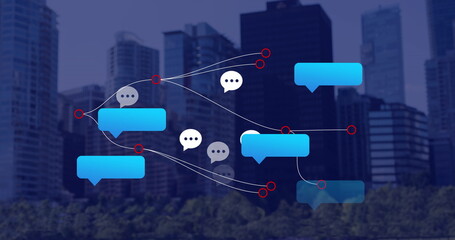 Image of social media icons and network of connections over cityscape