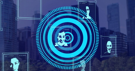 Image of data processing with diverse people portraits and scope scanning over cityscape
