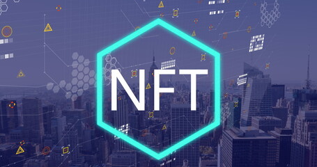 Image of nft text and data processing over cityscape