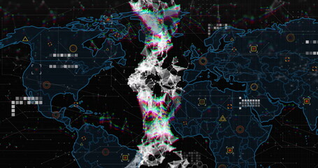Image of dna, icons and world map on black background