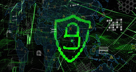 Image of digital padlock, data and icons on black background