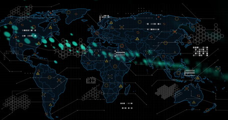 Image of graphs, data and world map on black background