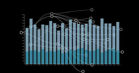 Image of network of connections over financial data processing on black background