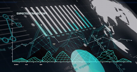 Image of graphs, data and globe on black background