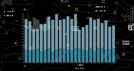 Image of graphs, data and icons on black background