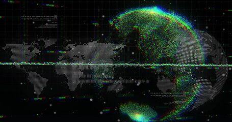 Image of graphs, globe and world map on black background