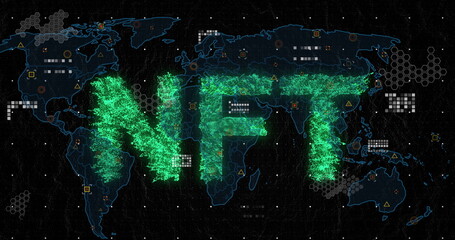 Image of nft text over world map on black background