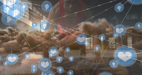 Image of network of connections over clouds and fit african american man doing push ups