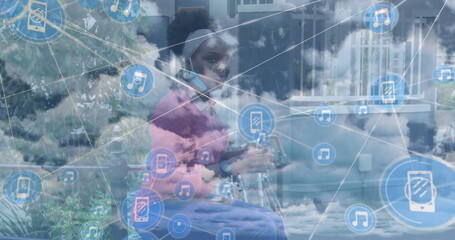 Image of network of connections over clouds and african american woman with bike