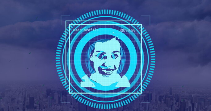 Image of data processing with diverse people portraits and scope scanning over cityscape