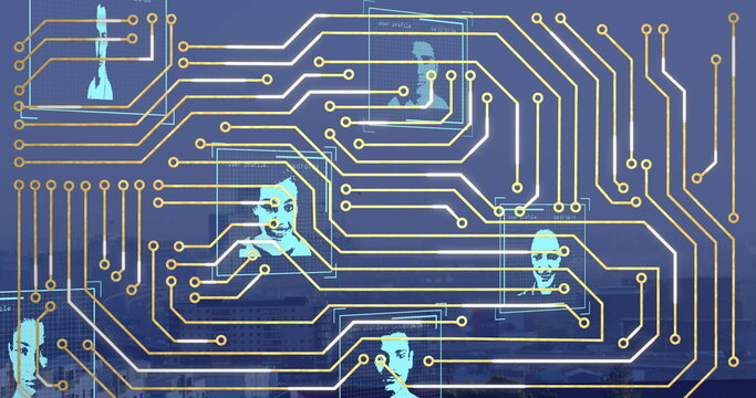 Image of computer circuit board and data processing with diverse people portraits over cityscape