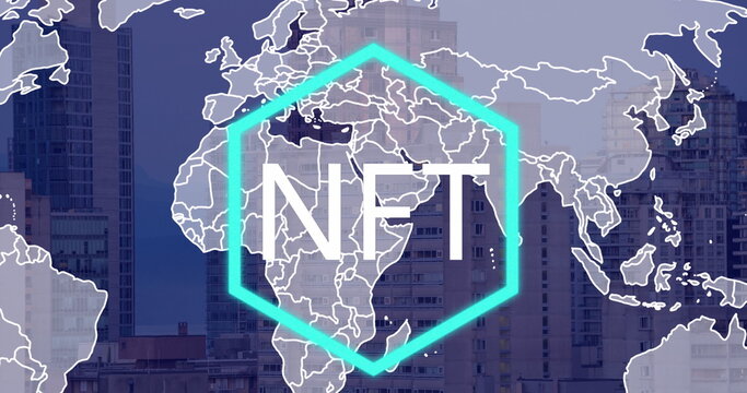 Image of nft text and world map over cityscape