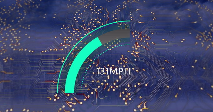 Fototapeta Image of car panel with growing number and computer circuit board over cityscape