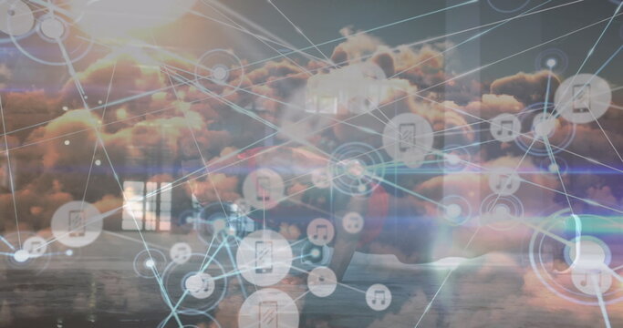 Image of network of connections over clouds and african american man doing push ups