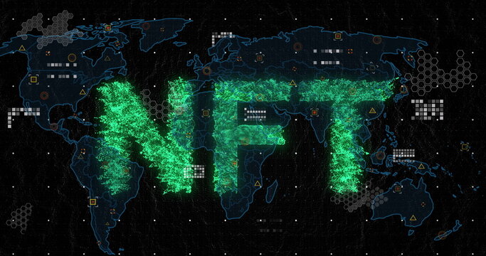 Image of nft text over world map on black background - Powered by Adobe
