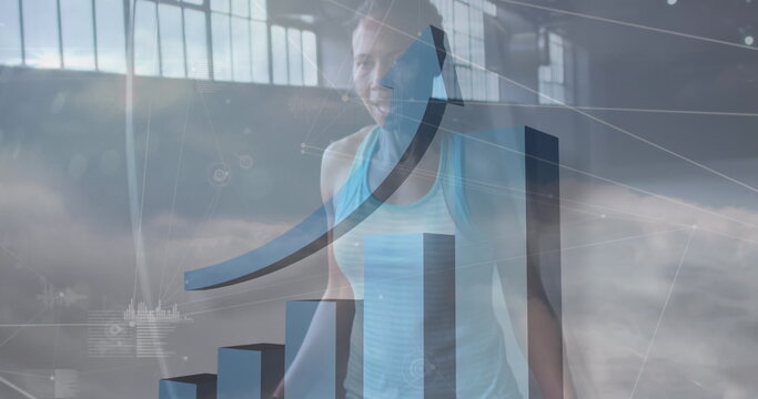 Image of network of connections and graphs over clouds and african american woman jumping