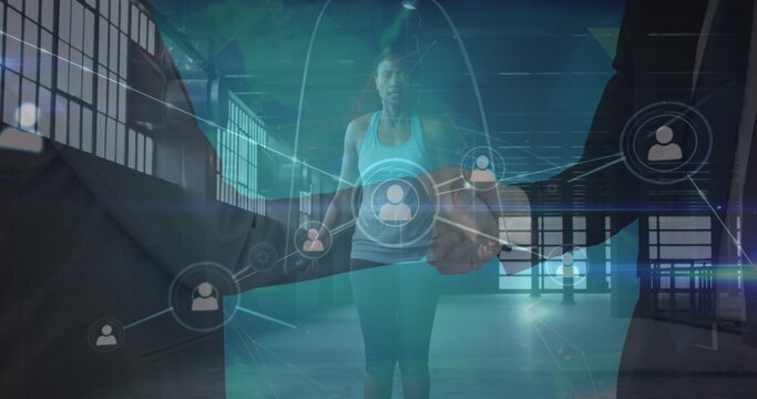Image of network of connections and globe over african american woman exercising