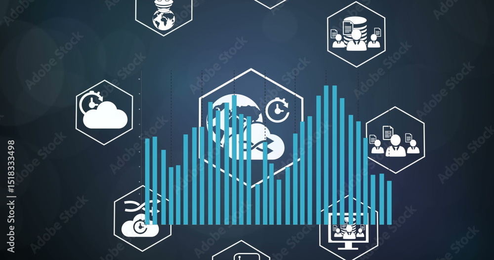 Poster image of statistical data processing over digital icons against light spot on blue background