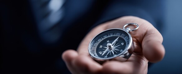 The Compass in a Businessman's Hand Symbolizing Direction and Leadership