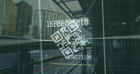 Image of qr code and numbers over cityscape