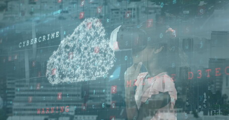 Image of digital cloud and numbers over african american woman in vr headset and citycsape