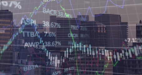 Image of financial graphs and data over cityscape