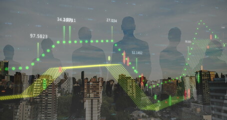 Image of financial graphs and data over cityscape and people silhouettes