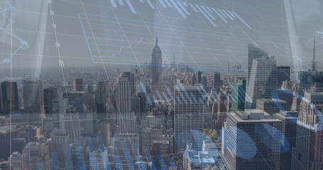 Image of financial data processing over diverse people and cityscape