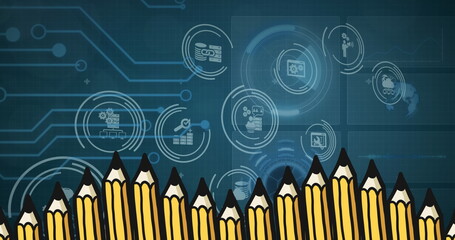 Image of pencils moving over business icons connecting on blue motherboard