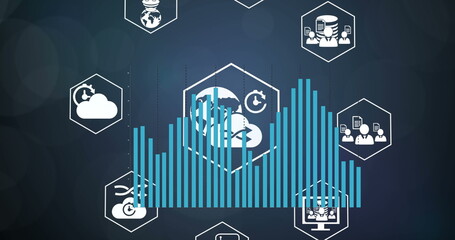Image of statistical data processing over digital icons against light spot on blue background