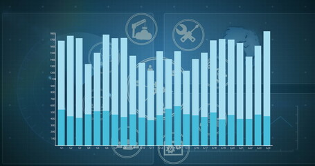 Image of blue graph processing data over business icons and globe on blue background