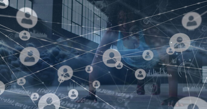 Image of network of connections and sky with clouds over african american woman exercising