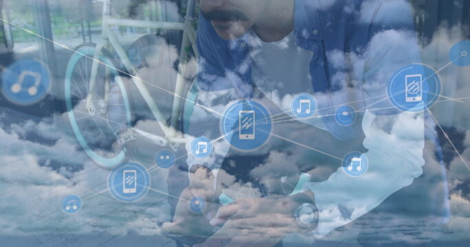 Image of network of connections over clouds and man with smartphone and bike
