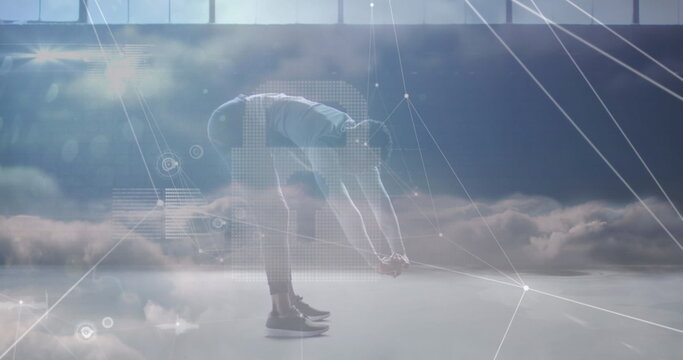 Image of network of connections over african american man exercising