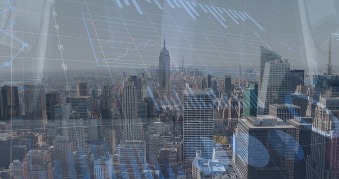 Image of financial data processing over diverse people and cityscape