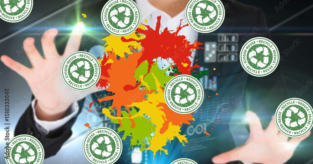 Poster image of recycling text and logo over paint splats and business person using virtual interface