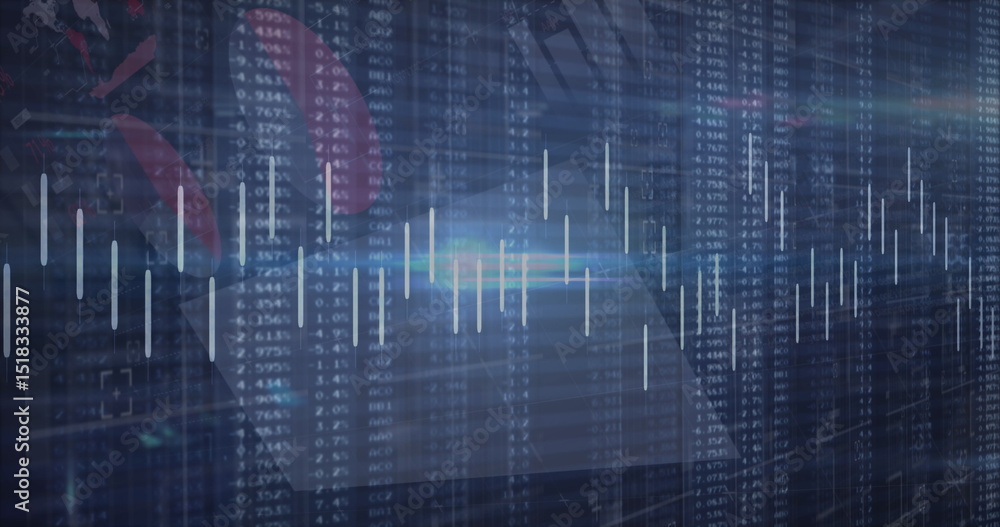 Poster image of graph and data processing with blue light on black background
