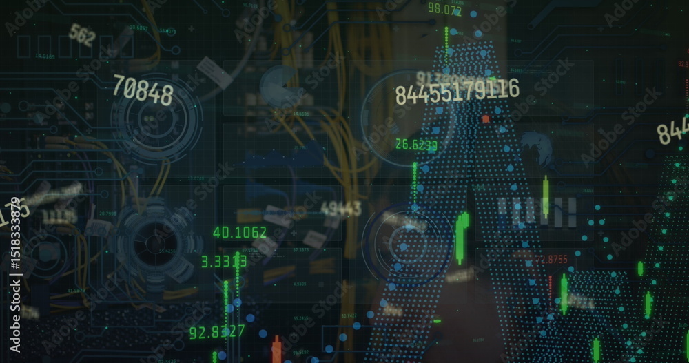 Poster image of graphs and data processing on interface with black background