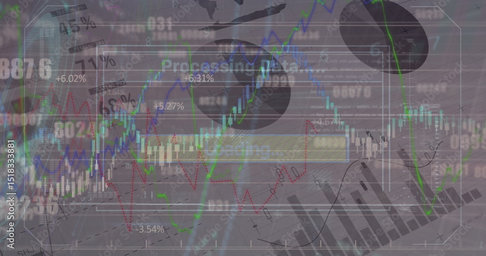 Poster image of graph and data processing over charts on interface screen