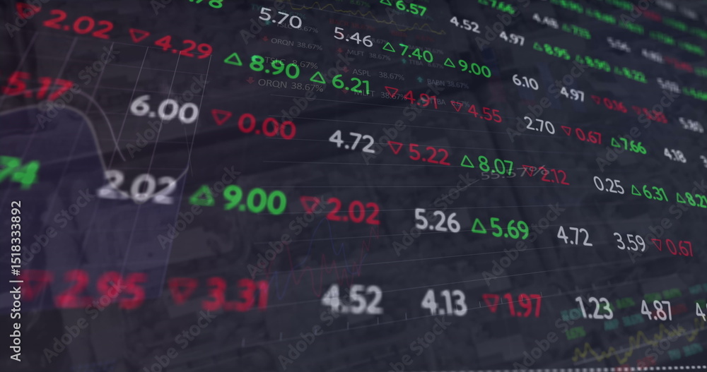 Poster image of financial data processing over graph and charts on black background