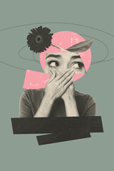 Sketch design trend artwork poster 3D photo collage of fragment face eyes watch hand hold cross...