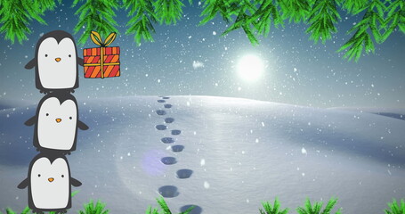 Image of tower of three penguins with christmas gift over snow and footprints in snow landscape