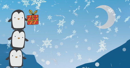Image of tower of three penguins holding christmas gift over snowflakes and crescent moon © vectorfusionart