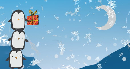 Naklejka premium Image of tower of three penguins holding christmas gift over snowflakes and crescent moon