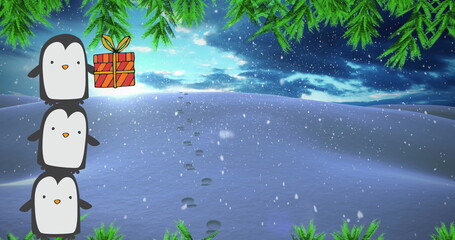 Image of christmas greetings on tag over winter landscape