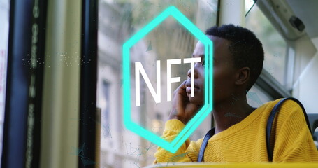 Image of nft logo over thoughtful african american woman travelling on bus