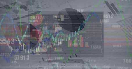 Image of graphs and data processing over interface on computer screen