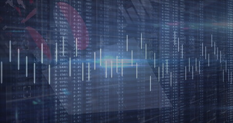 Image of graph and data processing with blue light on black background